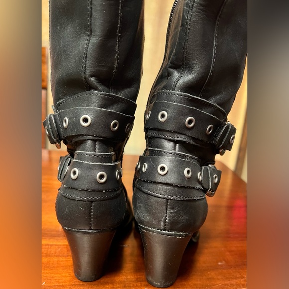 Harley Davidson Belted Black Leather Square Toe Heeled Biker Boots Size 6M - Picture 6 of 9